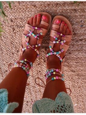 Goupi Mykonos real leather rainbow beaded lace up boho gladiator sandals